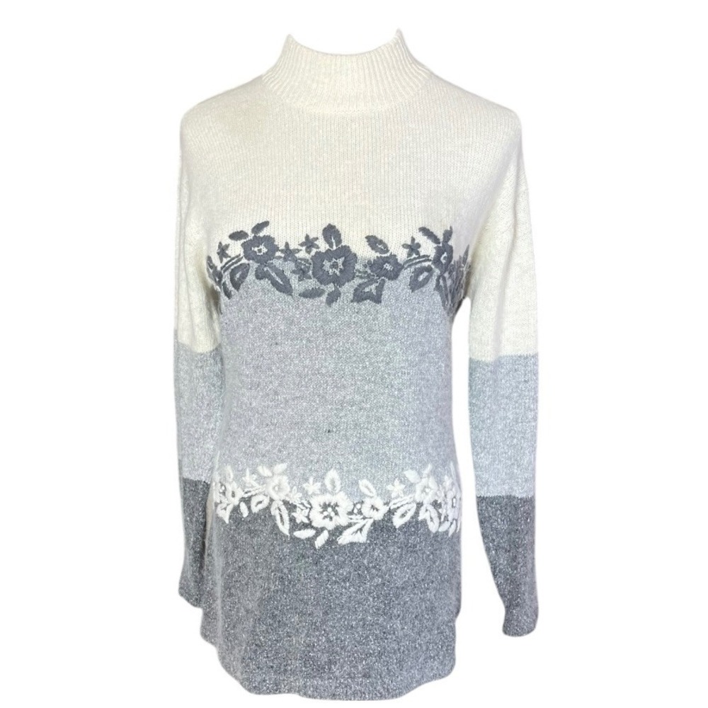 Segue Silk Angora Lambswool Floral Embroidered Colorblock Mock Neck Sweater M‎